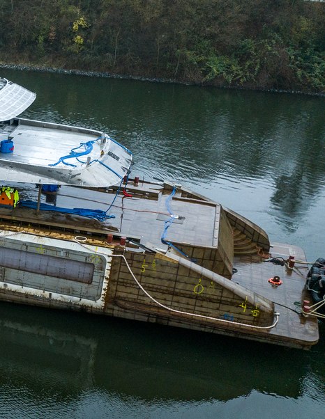 Close up of Abeking 6516 superyacht stern under construction