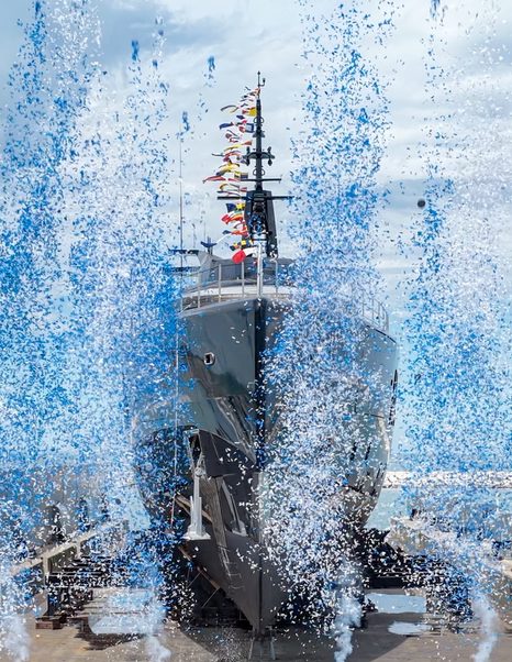ISA Gran Turismo 67m Superyacht Sea Raider X at launch ceremony with blue confetti
