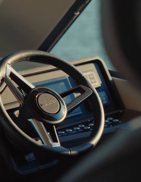 Maritimo M50 helm steering wheel and display controls close-up