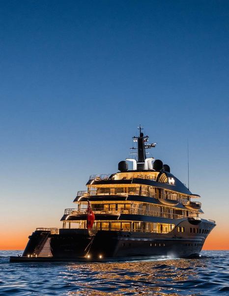 Superyacht Here Comes The Sun illuminated at sunset on the sea