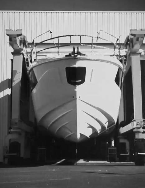 Prestige F6.7 motor yacht on wheels leaving workshop 