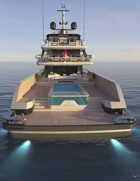 Rendering of Bering 165 explorer yacht stern with infinity pool and underwater lights