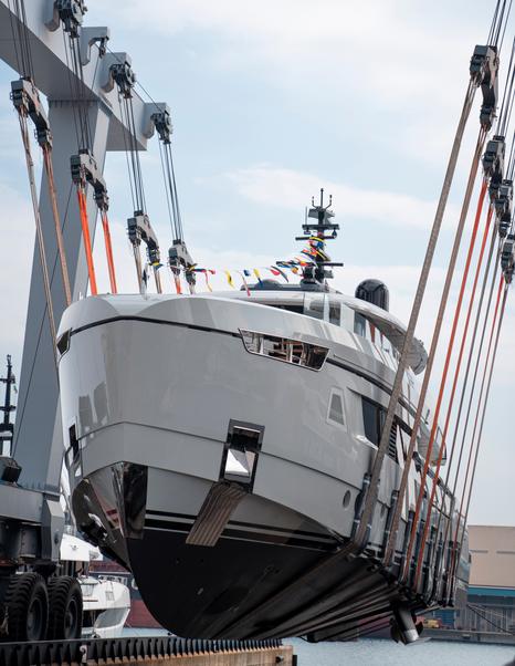 Columbus Atlantique 38M Superyacht Principessa Capricciosa at launch ceremony foredeck shot