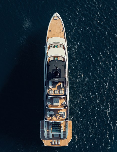 Aerial view of Sanlorenzo 74Steel superyacht Silver Fox at anchor 