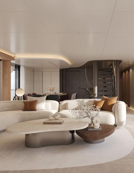 Rendering of Bering 110 explorer yacht main saloon with curved white seating