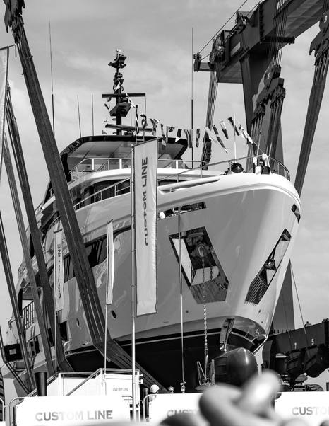 Custom Line Navetta 35 motor yacht in black and white at launch