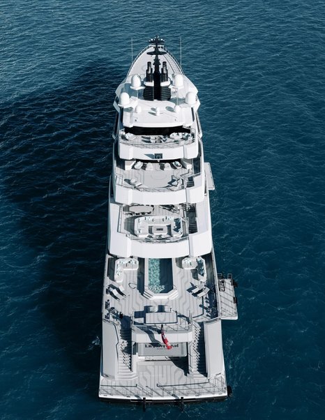 Aerial view of Superyacht Leviathan at anchor 