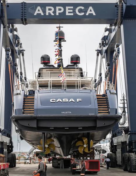 Stern shot of Sanlorenzo 500EXP Explorer Yacht at launch 