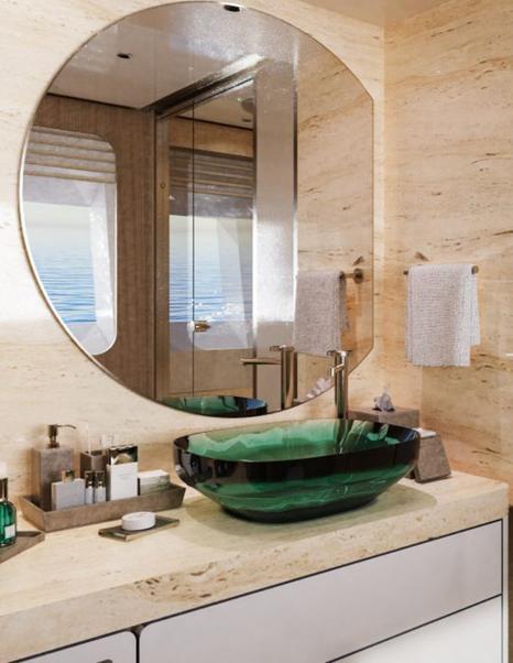 Rendering of Mangusta GranSport 34 Motor Yacht ensuite with green glass sink