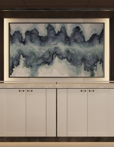 Close up Rendering of Bering 165 explorer yacht main saloon abstract artwork