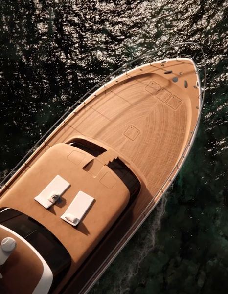 Aerial view of the Sanlorenzo SHE coachroof with loose loungers above the foredeck