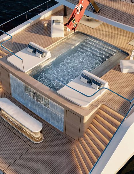 Rendering of Heesen Superyacht Project Ananda main aft deck infinity pool and lounging areas 