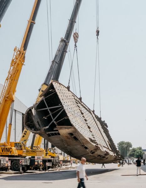 Bering 110/01 yacht hull being turned over 