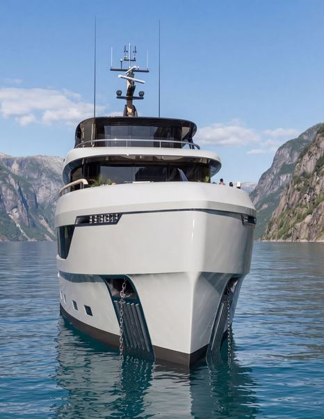 Rendering of Bearing 130 Superyacht bow at anchor 