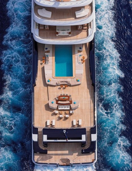 Aerial view of Superyacht Luna's aft deck with swimming pool