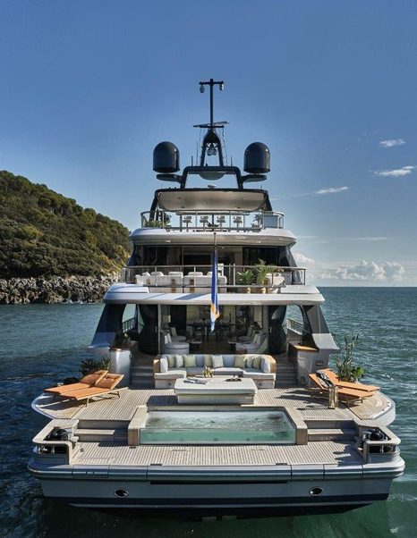 Aft view of Benetti Oasis 40M showing beach club and all decks