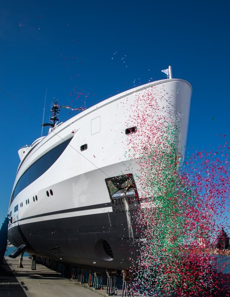 Benetti B.Now 67M Oasis superyacht Dagger bow during launch ceremony with confetti 