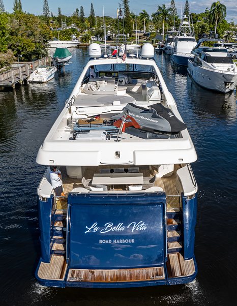 Ferretti motor yacht La Bella Vita at anchor stern view 