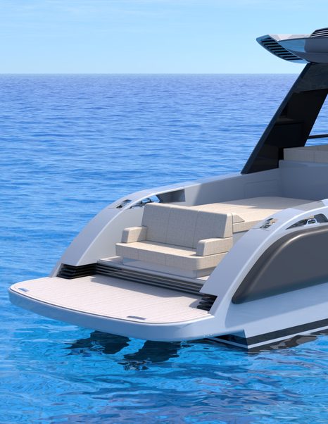 Rendering of TYKUN H1 dayboat stern with beige seating