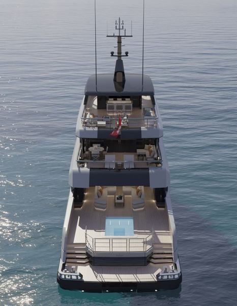 Rendering of Bearing 130 Superyacht aft decks at anchor 