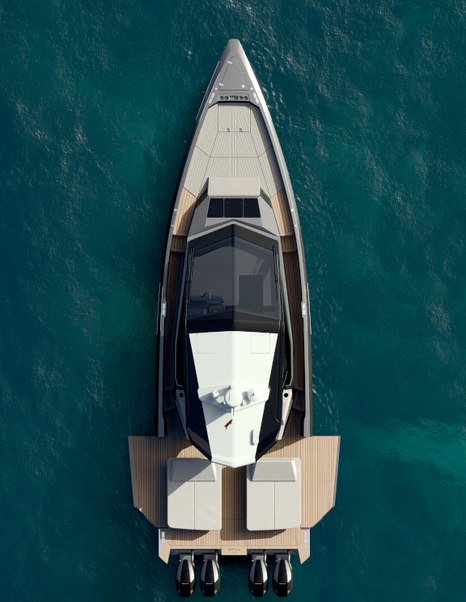 Aerial Rendering of Wally wallypower50X boat at anchor with fold down aft terraces