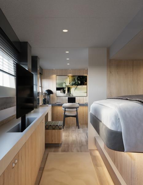 Rendering of VisionF 65 Hybrid Catamaran master cabin with pop up TV and stool