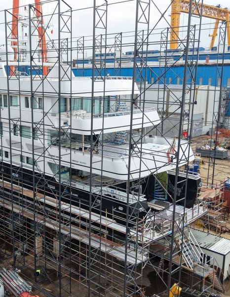 Aft shot of expedition yacht Grand Rusalina at refit facility 