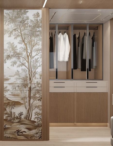 Rendering of Bering BC60 Explorer Catamaran master cabin wardobe and abstract art
