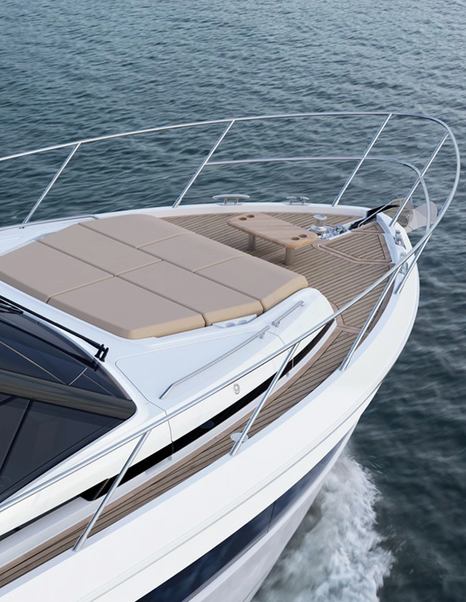 Princess F54 motor yacht foredeck with brown sunpad and integrated seating 