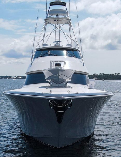 Bow shot fo Viking 92EB Sportsfisher yacht Touche at anchor 