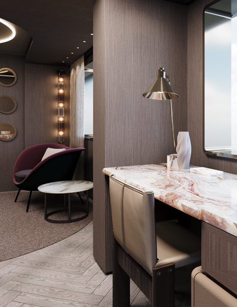 Rendering of Ocean King Explorer 34M explorer yacht desk area with marble window table