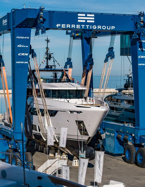 Fifth Custom Line Navetta 38 motor yacht on trolley before launch