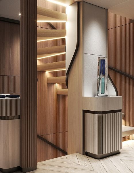 Rendering of Gulf Craft Majesty 145 Superyacht interior stairwell with warm integrated LED lights 