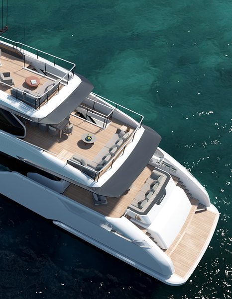 Rendering of Custom Line Saetta 128' superyacht aft decks with grey seating and alfresco dining areas 