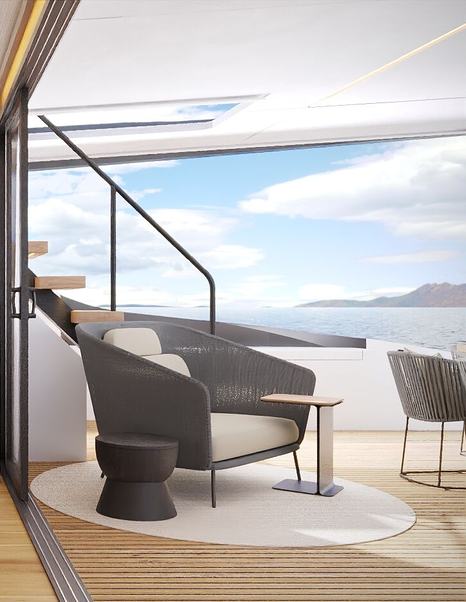 Grand Ocean motor yacht Motu aft deck seating area 