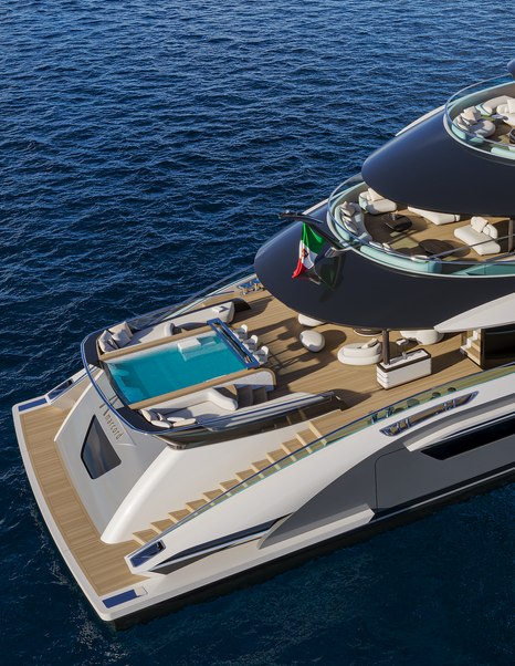 Rendering of ISA Amarcord 82 superyacht stern with infinity pool