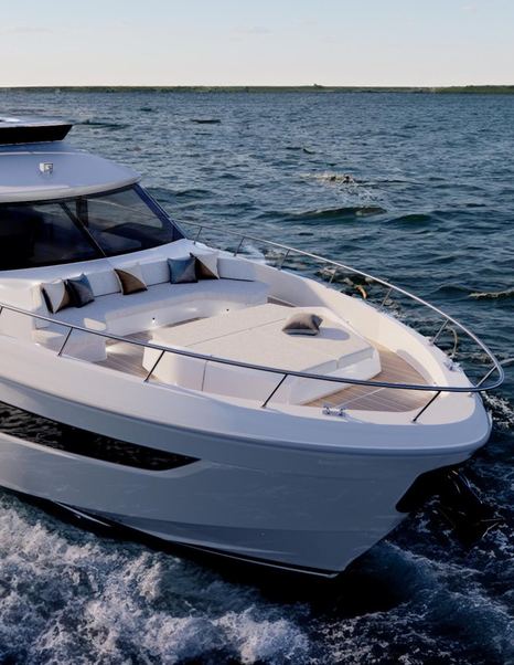 Close up of Majesty 60 Motor Yacht foredeck while under way 