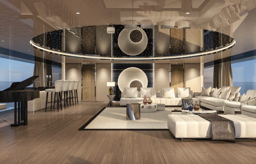 Inside Fincantieri Yachts BLANCHE piano lounge, with black piano port and a large U shaped seating arrangement, surrounded by wide expanse of windows