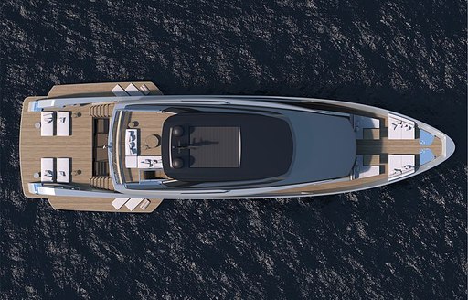 Aerial view of Sanlorenzo SX112 crossover yacht surrounded by sea.