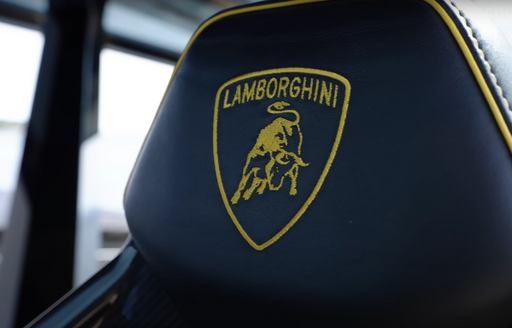 Close-up of Tecnomar Lamborghini 63 seat stitching of Raging Bull logo