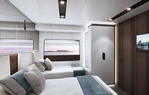 twin cabin with white walls, white ceiling, rich wood accents and white cupboard on board Astondoa AS8 yacht