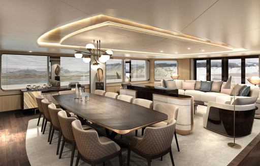 Rendering showing interior dining area and sofa seating on SeaXplorer 60