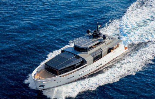 An aerial view of the A100 yacht from Arcadia Yachts making a passage.