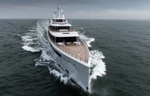 Frontal view of superyacht VIVA bow, surrounded by sea.