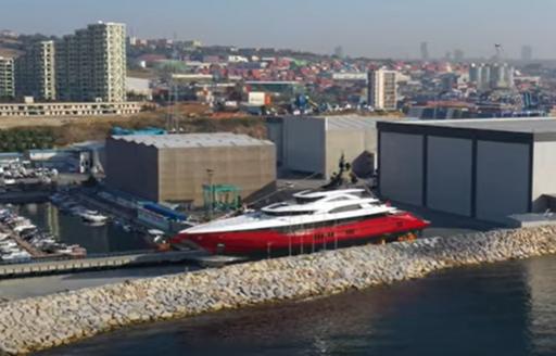 Superyacht LEONA on land outside outfitting facility in Istanbul.