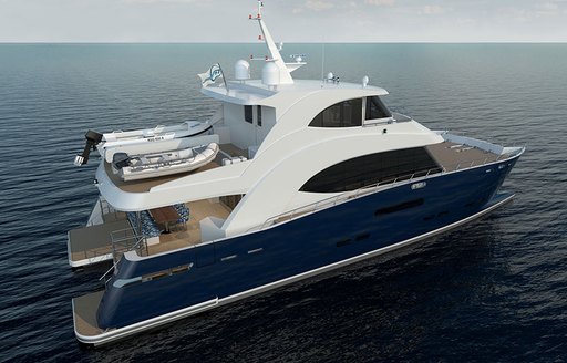 CGI of Project Elysium, showing yacht from side and tenders on upper deck