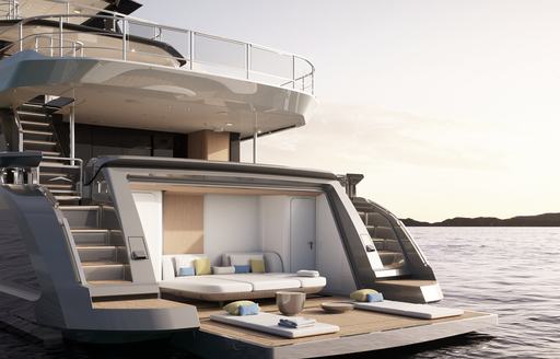 Sea view terrace on board Azimut Grande 36 Metri, seating tucked away with steps leading to main deck.