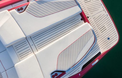 Close up view of Princess R35 aft deck, surrounded by sea 