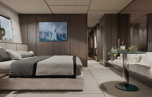 Master cabin onboard Sanlorenzo SX112 crossover yacht, central berth to port side, facing plush seating