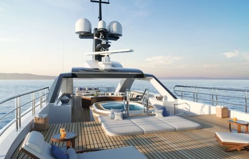 rendering of the sunning area aft of a pool and radar arch on the teak-lined sundeck of the Amels 60 yacht